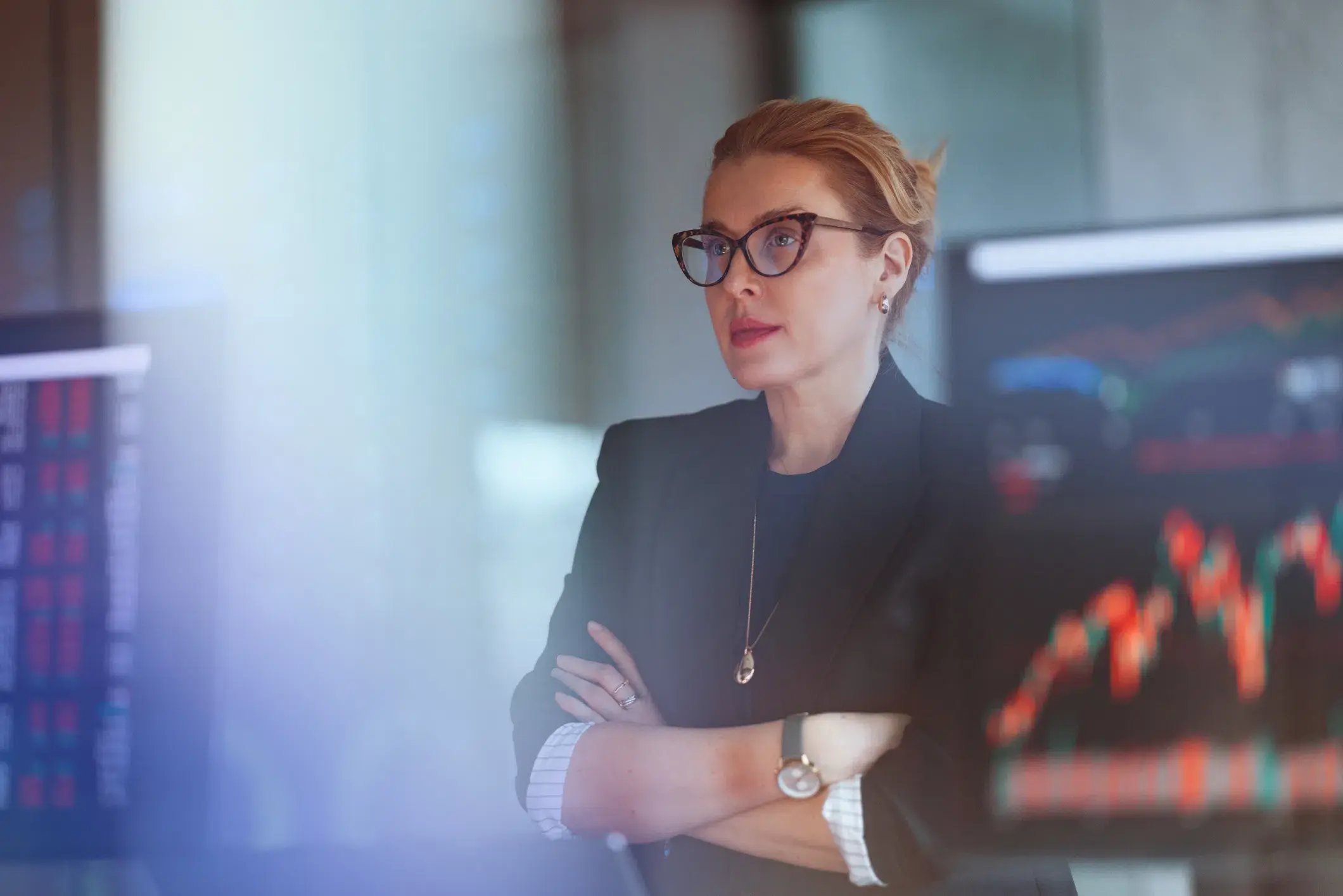 Woman reviewing data screens
