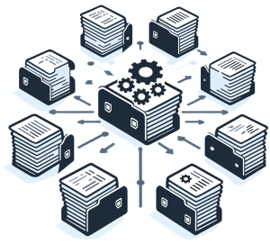 Stacks of web pages connecting to a central repository with gears on it.