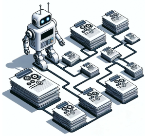 Robot looking at stacks of connected webpages.