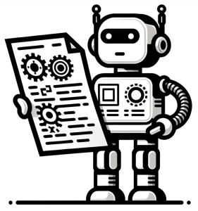 Robot holding webpage with gears and looking at it.