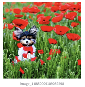 AI image of field of red flowers with puppy