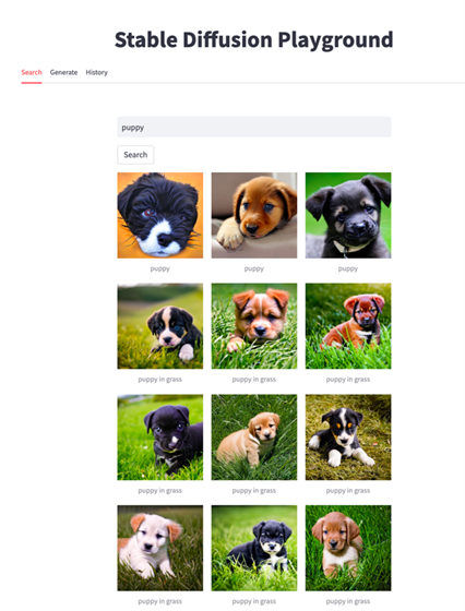 Screenshot of Stable Diffusion Playground's Search page with "puppy" in search bar