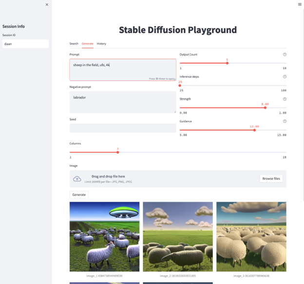 Screenshot of Stable Diffusion Playground's Generate page