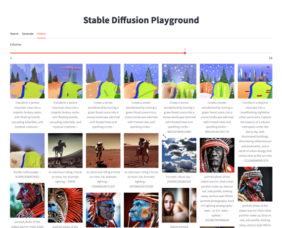 Screenshot of History page for Stable Diffusion Playground