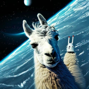Lama in space with earth behind him