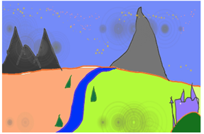 AI image of desert and green field separated by a river