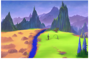 AI generated image showing a desert biome next to lush biome with river in between