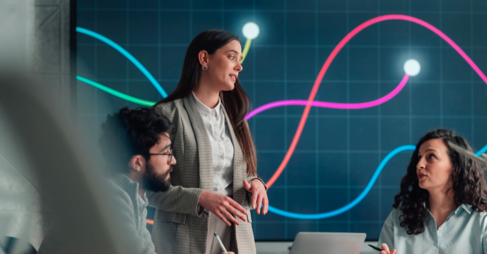 woman and man talking at work